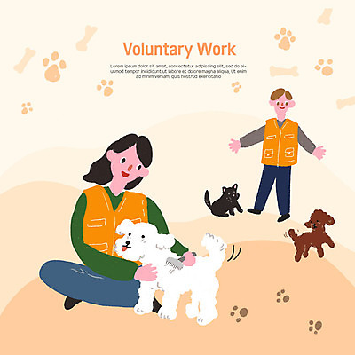 PSD 여자 남자 행복 일러스트 따뜻함 세마리 사람 성인 두명 봉사 도움 강아지 나눔 개발바닥 반려 유기견 유기동물 국내일러스트 동물 감정 컨셉 3 반려동물 개 발바닥 파일형식
