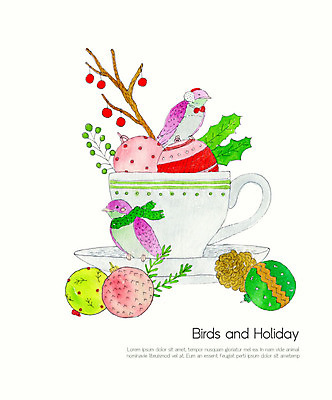 PSD 나무 크리스마스 두마리 겨울 일러스트 조류 수채화 사람없음 장식 컬러풀 크리스마스트리 장식볼 머그컵 솔방울 국내일러스트 식물 동물 계절 기념일 컬러 2 컵 파일형식