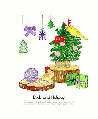 PSD 나무 크리스마스 두마리 겨울 일러스트 조류 수채화 선물 사람없음 장식 컬러풀 크리스마스트리 털실 솔방울 국내일러스트 식물 동물 계절 기념일 컬러 2 실 파일형식