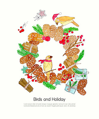 PSD 나무 크리스마스 두마리 겨울 일러스트 조류 수채화 사람없음 장식 컬러풀 크리스마스트리 솔방울 크리스마스리스 국내일러스트 식물 동물 계절 기념일 컬러 2 화환 파일형식