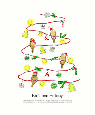 PSD 나무 크리스마스 겨울 여러마리 일러스트 조류 수채화 사람없음 장식 컬러풀 크리스마스트리 솔방울 오너먼트 국내일러스트 식물 동물 계절 기념일 컬러 다수 크리스마스장식 파일형식