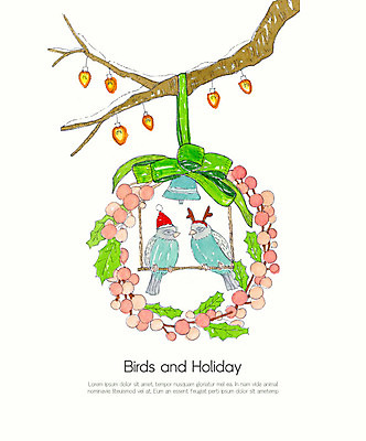 PSD 나무 크리스마스 두마리 겨울 일러스트 조류 수채화 사람없음 장식 컬러풀 크리스마스트리 종 솔방울 국내일러스트 식물 동물 계절 기념일 컬러 2 파일형식