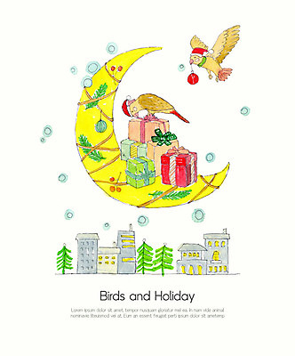 PSD 나무 크리스마스 두마리 겨울 일러스트 조류 수채화 선물 사람없음 장식 컬러풀 크리스마스트리 달 눈 도시 초승달 솔방울 국내일러스트 자연요소 식물 동물 계절 기념일 컬러 2 날씨 파일형식