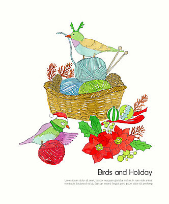 PSD 나무 크리스마스 두마리 겨울 일러스트 조류 수채화 사람없음 장식 컬러풀 크리스마스트리 바구니 털실 솔방울 포인세티아 국내일러스트 식물 동물 계절 기념일 꽃 컬러 2 실 파일형식