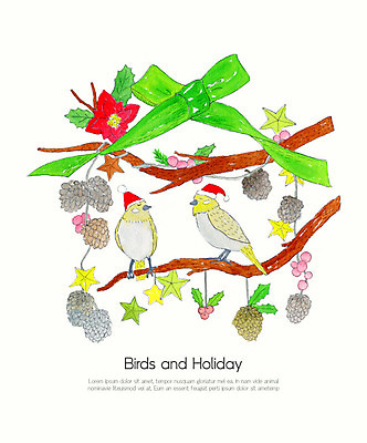 PSD 나무 리본 크리스마스 두마리 겨울 일러스트 조류 수채화 사람없음 장식 컬러풀 크리스마스트리 솔방울 국내일러스트 식물 동물 계절 기념일 컬러 2 파일형식