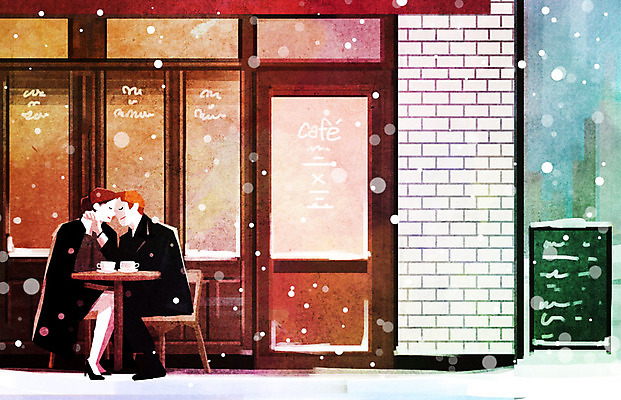 PSD 커플 여자 남자 커피 백그라운드 겨울 데이트 일러스트 탁자 키스 따뜻함 사랑 사람 앉기 두명 카페 눈 겨울배경 국내일러스트 자연요소 계절 감정 음료 가구 관계 모션 날씨 상점 애정표현 파일형식