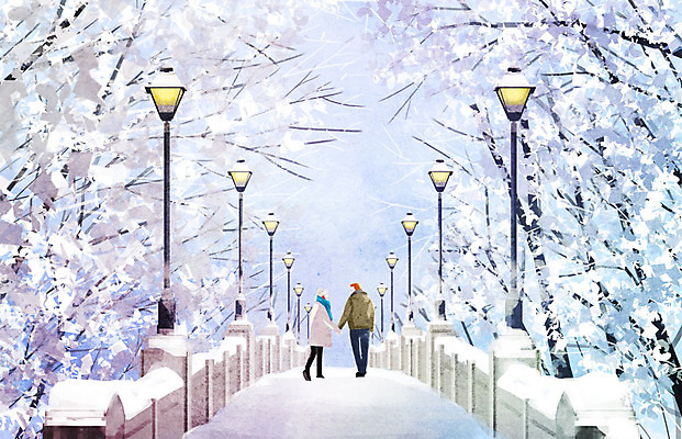 PSD 나무 커플 여자 남자 백그라운드 겨울 가로등 데이트 일러스트 따뜻함 사랑 사람 두명 걷기 눈 가교 겨울배경 국내일러스트 자연요소 식물 건축물 계절 공공시설 감정 관계 모션 날씨 파일형식