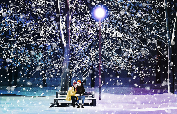 PSD 나무 커플 공원 여자 남자 백그라운드 겨울 가로등 데이트 일러스트 따뜻함 사랑 사람 앉기 두명 눈 겨울배경 국내일러스트 자연요소 식물 계절 공공시설 감정 관계 모션 날씨 파일형식