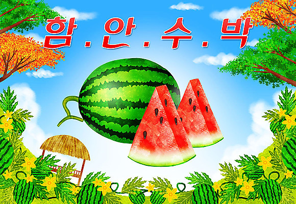 PSD 꽃 일러스트 수박 타이포그라피 한글 사람없음 특산물 원두막 지역 수박밭 함안수박 제철과일 국내일러스트 식물 문자 밭 과일 제철 파일형식 함안