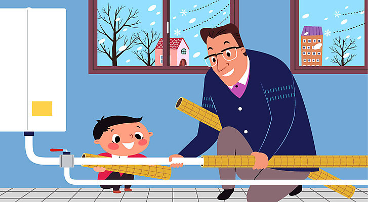 나무 남자 아들 어린이 겨울 일러스트 창문 주택 경고 사람 성인 두명 건물 추위 눈 아빠 고민 준비 파이프 점검 보온 보일러 부자지간 남자만 육아대디 국내일러스트 AI파일 자연요소 식물 건축물 계절 감정 가족 날씨 파일형식 벡터