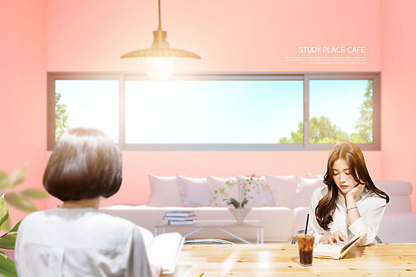 PSD 편집이미지 창문 탁자 조명 사람 앉기 20대 성인 두명 책 독서 유행 카페 한국인 집중 신조어 성인여자만 카피스페이스 카공족 코랄 이미지편집 컬러 가구 컨셉 모션 동양인 청년 상점 공백 약어 여자만 성인만 파일형식 유행어