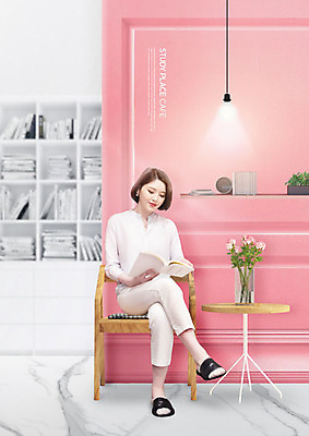 PSD 편집이미지 여자 분홍색 의자 탁자 조명 책장 한명 사람 20대 성인 책 독서 유행 카페 한국인 즐거움 신조어 성인여자한명만 카피스페이스 카공족 이미지편집 1 감정 컬러 가구 동양인 청년 상점 공백 약어 여자한명만 성인여자만 파일형식 유행어