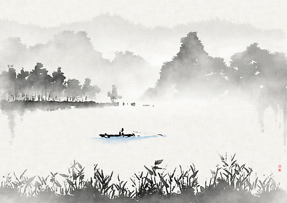 PSD 나무 호수 일러스트 캘리그라피 자연 붓터치 산 흑백 사람없음 강 고요 숲 나룻배 번짐 갈대밭 산수화 풍경화 화선지 공허 국내일러스트 식물 컨셉 배_교통 촬영기법 동양화 한지 그림 생태계 파일형식 효과 갈대_식물