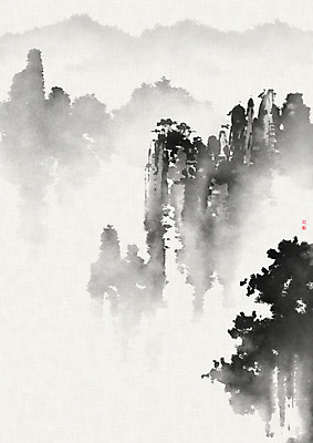 PSD 나무 일러스트 캘리그라피 자연 붓터치 산 흑백 사람없음 고요 절벽 바위 숲 번짐 산수화 풍경화 화선지 공허 국내일러스트 식물 컨셉 촬영기법 돌_바위 동양화 한지 그림 생태계 파일형식 효과