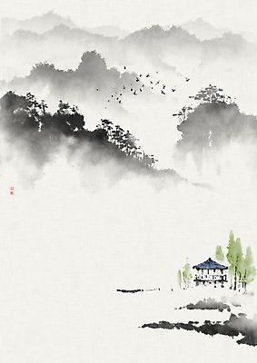 PSD 나무 호수 일러스트 캘리그라피 자연 조류 붓터치 산 흑백 사람없음 고요 숲 나룻배 정자 번짐 산수화 풍경화 화선지 공허 국내일러스트 식물 동물 건축물 컨셉 배_교통 촬영기법 동양화 한지 그림 생태계 파일형식 효과