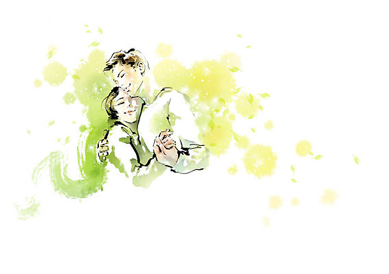 PSD 커플 여자 남자 일러스트 캘리그라피 붓터치 나뭇잎 사람 두명 연두색 춤 즐거움 번짐 열정 댄스스포츠 국내일러스트 감정 스포츠 잎 관계 문화예술 초록색 파일형식 효과