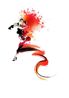 PSD 커플 여자 남자 꽃 일러스트 캘리그라피 붓터치 사람 두명 빨간색 주황색 춤 즐거움 번짐 열정 댄스스포츠 사교댄스 탱고 국내일러스트 식물 감정 스포츠 컬러 관계 문화예술 파일형식 효과