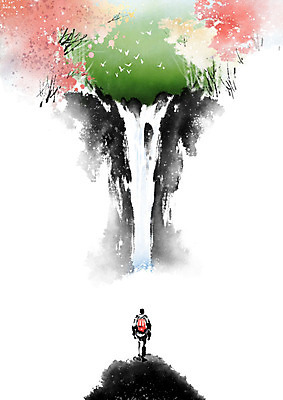 PSD 여행 일러스트 캘리그라피 자연 붓터치 산 한명 사람 풍경 등산 폭포 숲 편안함 번짐 사색 풍경화 국내일러스트 1 생각 트래킹 감각 그림 생태계 파일형식 효과