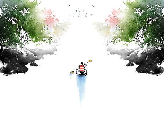 PSD 여행 일러스트 캘리그라피 자연 붓터치 산 한명 사람 풍경 계곡 숲 편안함 나룻배 노 번짐 사색 풍경화 국내일러스트 1 생각 배_교통 감각 그림 생태계 선박 파일형식 효과