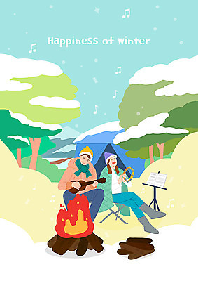 PSD 나무 여자 남자 행복 악기 음악 겨울 일러스트 산 텐트 사람 두명 캠핑 눈 보면대 장작 모닥불 담요 우쿨렐레 캠핑장 악보 즐거움 탬버린 국내일러스트 자연요소 식물 계절 감정 불 현악기 레저 날씨 문화예술 타악기 캠핑도구 파일형식