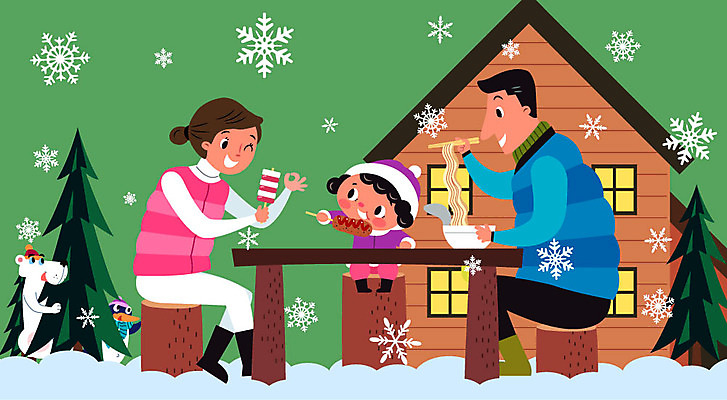 나무 동물 여자 남자 어린이 겨울 일러스트 가족 숙소 엄마 스키장 눈꽃 사람 성인 세명 초록색 귀여움 눈 라면 아빠 즐거움 펭귄 핫도그 나무탁자 떡꼬치 국내일러스트 AI파일 자연요소 식물 계절 감정 음식 컬러 컨셉 관계 탁자 조류 날씨 패스트푸드 눈_날씨 면류 꼬치 파일형식 벡터