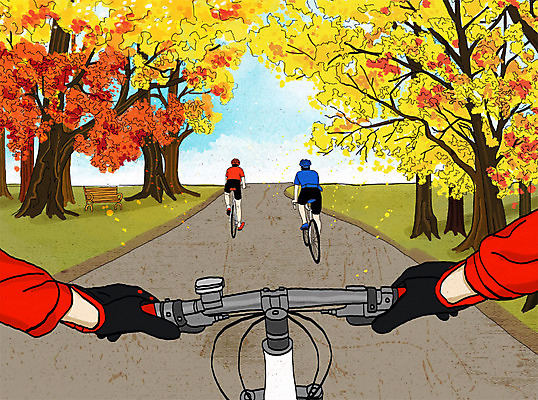 PSD 손 스포츠 단풍 벤치 일러스트 사람 취미 신체부위 세명 컬러풀 가을 열정 산악자전거 1인칭시점 국내일러스트 시선 계절 감정 컬러 잎 의자 자전거 파일형식