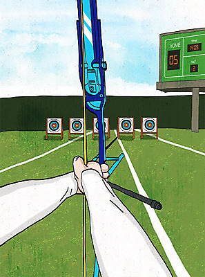 PSD 손 스포츠 일러스트 하늘 화살 한명 사람 취미 신체부위 컬러풀 경기장 활 열정 양궁 전광판 양궁경기 양궁과녁 1인칭시점 양궁장 국내일러스트 1 시선 감정 컬러 스포츠시설 경기 파일형식