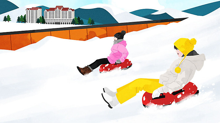 PSD 나무 구름 여자 어린이 겨울 일러스트 하늘 사람 두명 설원 눈 즐거움 썰매 콘도 튜브 눈썰매장 소녀만 설산 국내일러스트 자연요소 식물 계절 감정 숙소 날씨 산 눈_날씨 여자만 어린이만 파일형식