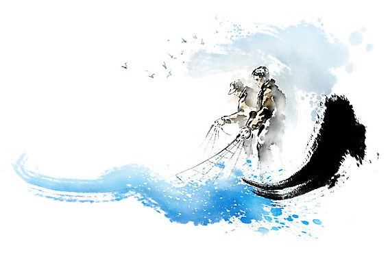 PSD 남자 파도 바다 일러스트 캘리그라피 갈매기 붓터치 어류 사람 성인 두명 물 그물 어선 어부 번짐 어촌 어획 성인남자만 수산인의날 국내일러스트 자연요소 직업 배_교통 조류 수중동물 시골 남자만 성인만 파일형식 법정기념일 효과