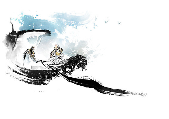 PSD 남자 파도 바다 일러스트 캘리그라피 갈매기 붓터치 어류 사람 성인 두명 물 그물 어선 어부 번짐 어촌 어획 성인남자만 수산인의날 국내일러스트 자연요소 직업 배_교통 조류 수중동물 시골 남자만 성인만 파일형식 법정기념일 효과