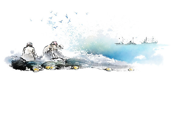 PSD 남자 파도 바다 일러스트 캘리그라피 갈매기 붓터치 흑백 어류 사람 성인 두명 세명 물 파란색 그물 어선 어부 번짐 어촌 어획 성인남자만 수산인의날 국내일러스트 자연요소 직업 컬러 배_교통 조류 촬영기법 수중동물 시골 남자만 성인만 파일형식 법정기념일 효과