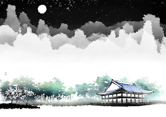 PSD 나무 별 일러스트 캘리그라피 자연 밤하늘 붓터치 산 한옥 기와 사람없음 달 야간 동양화 번짐 산수화 국내일러스트 자연요소 식물 한국전통 고건축 하늘 미술 생태계 파일형식 효과