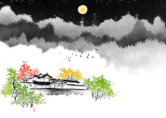 PSD 나무 별 낙엽 일러스트 캘리그라피 자연 밤하늘 붓터치 산 한옥 기와 사람없음 달 야간 동양화 번짐 산수화 국내일러스트 자연요소 식물 한국전통 고건축 잎 하늘 미술 생태계 파일형식 효과