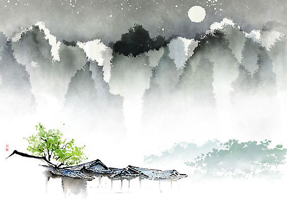 PSD 나무 별 일러스트 캘리그라피 자연 밤하늘 붓터치 산 한옥 기와 사람없음 달 야간 동양화 번짐 산수화 국내일러스트 자연요소 식물 한국전통 고건축 하늘 미술 생태계 파일형식 효과