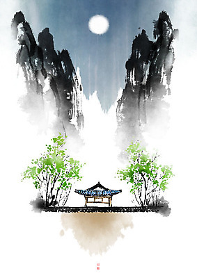 PSD 나무 별 일러스트 캘리그라피 자연 밤하늘 붓터치 바위산 산 한옥 기와 사람없음 달 야간 동양화 번짐 산수화 기와담장 국내일러스트 자연요소 식물 한국전통 고건축 하늘 미술 담장 돌산 생태계 파일형식 효과