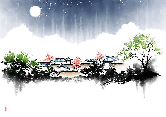 PSD 나무 꽃 별 일러스트 캘리그라피 자연 밤하늘 붓터치 산 한옥 기와 사람없음 달 야간 동양화 번짐 산수화 국내일러스트 자연요소 식물 한국전통 고건축 하늘 미술 생태계 파일형식 효과