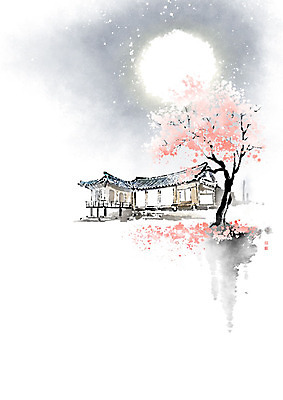 PSD 나무 꽃잎 별 낙엽 일러스트 캘리그라피 자연 밤하늘 붓터치 한옥 기와 사람없음 달 야간 동양화 번짐 산수화 국내일러스트 자연요소 식물 한국전통 꽃 고건축 잎 하늘 미술 생태계 파일형식 효과