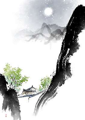PSD 나무 별 일러스트 캘리그라피 자연 밤하늘 붓터치 산 한옥 기와 사람없음 달 바위 야간 동양화 번짐 산수화 기와담장 국내일러스트 자연요소 식물 한국전통 고건축 하늘 미술 담장 돌_바위 생태계 파일형식 효과