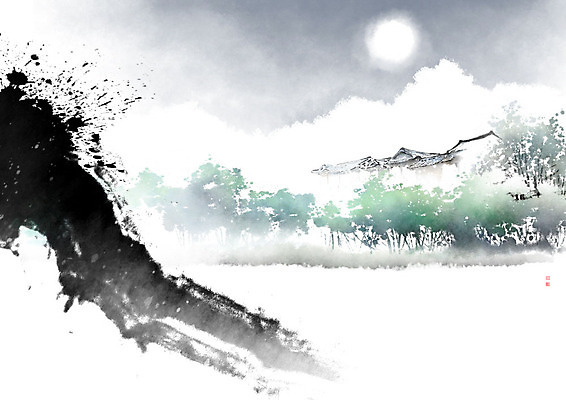 PSD 나무 별 일러스트 캘리그라피 자연 밤하늘 붓터치 산 한옥 기와 사람없음 달 야간 동양화 언덕 번짐 산수화 국내일러스트 자연요소 식물 한국전통 고건축 하늘 미술 생태계 파일형식 효과