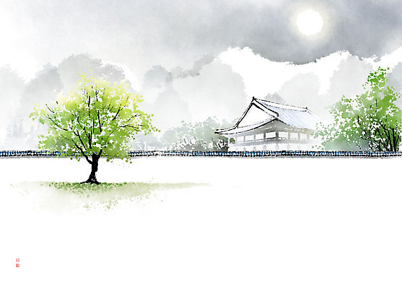 PSD 나무 별 일러스트 캘리그라피 자연 밤하늘 붓터치 산 한옥 기와 사람없음 달 야간 동양화 번짐 산수화 기와담장 국내일러스트 자연요소 식물 한국전통 고건축 하늘 미술 담장 생태계 파일형식 효과