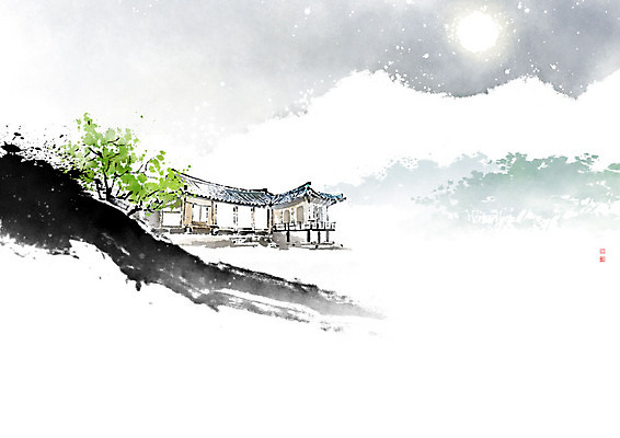 PSD 나무 별 일러스트 캘리그라피 자연 밤하늘 붓터치 산 한옥 기와 사람없음 달 야간 동양화 언덕 번짐 산수화 국내일러스트 자연요소 식물 한국전통 고건축 하늘 미술 생태계 파일형식 효과