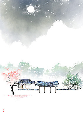 PSD 나무 꽃 별 일러스트 캘리그라피 자연 밤하늘 붓터치 산 한옥 기와 사람없음 달 야간 동양화 번짐 산수화 국내일러스트 자연요소 식물 한국전통 고건축 하늘 미술 생태계 파일형식 효과