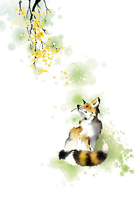 PSD 나무 식물 무료이미지 한마리 꽃 일러스트 캘리그라피 자연 붓터치 사람없음 귀여움 나뭇가지 여우 번짐 영모화 국내일러스트 1 컨셉 포유류 그림 생태계 파일형식 효과