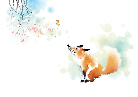 PSD 나무 식물 한마리 꽃 나비 일러스트 캘리그라피 자연 붓터치 사람없음 컬러풀 귀여움 나뭇가지 여우 번짐 영모화 국내일러스트 1 컬러 곤충 컨셉 포유류 그림 생태계 파일형식 효과