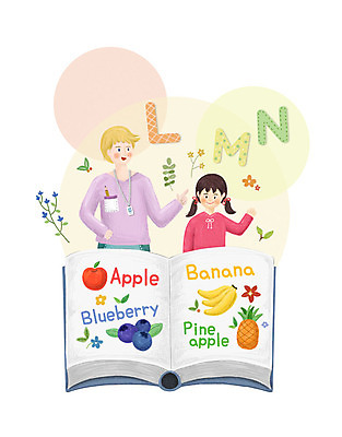 PSD 식물 알파벳 영어 여자 교육 남자 꽃 어린이 과일 일러스트 나뭇잎 사람 두명 책 컬러풀 교사 즐거움 원어민 에듀 에듀케이션 영어회화 스쿨팩 국내일러스트 직업 문자 감정 컬러 잎 회화 영어교사 파일형식