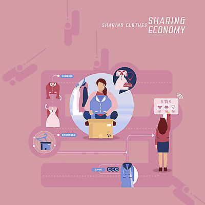 PSD 옷 여자 일러스트 사람 두명 상자 옷걸이 자주색 스마트 택배 순환 예약 공유 IT산업 여자만 알고리즘 4차산업 공유경제 국내일러스트 산업 컬러 컨셉 모션 정보기술 경제 운송업 파일형식