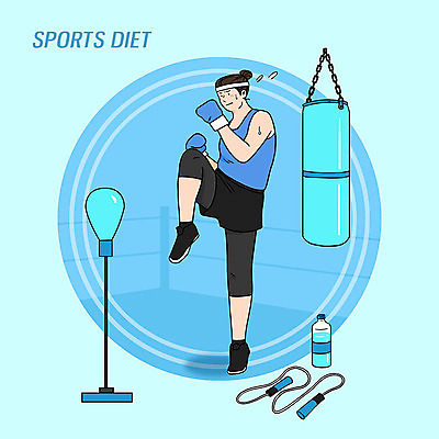 PSD 여자 다이어트 일러스트 건강 한명 파란색 운동 권투 권투글러브 물병 줄넘기 샌드백 다리들기 힘듦 여자한명만 국내일러스트 1 컬러 컨셉 모션 사람 격투기 글러브 물통 여자만 파일형식