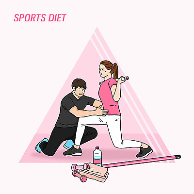 PSD 여자 남자 분홍색 다이어트 일러스트 건강 두명 수건 운동 스트레칭 아령 물병 트레이너 힘듦 국내일러스트 컬러 컨셉 사람 위생용품 헬스 물통 파일형식