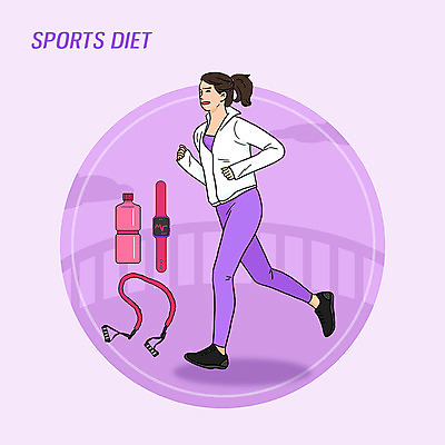 PSD 여자 다이어트 일러스트 건강 한명 달리기 조깅 운동 보라색 물병 헬스밴드 힘듦 스마트워치 국내일러스트 1 컬러 컨셉 모션 사람 스마트기기 물통 웨어러블 파일형식