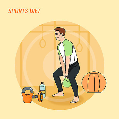 PSD 남자 다이어트 일러스트 건강 한명 물 운동 주황색 아령 헬스장 짐볼 물병 케틀벨 힘듦 국내일러스트 자연요소 1 컬러 컨셉 사람 헬스 물통 파일형식